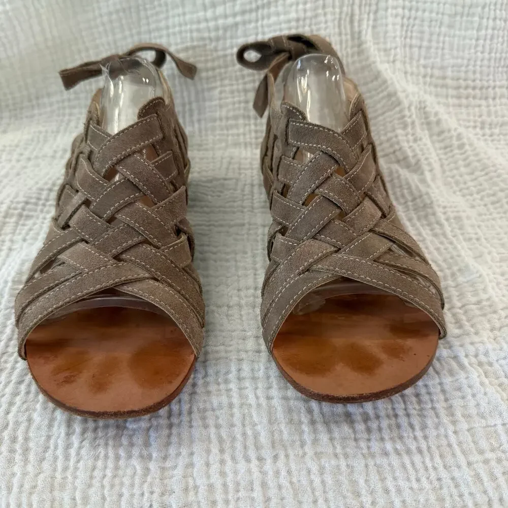 Navyboot Sandals Size 39 Tan Suede Leather Basket Weave Gladiator Ankle Tie